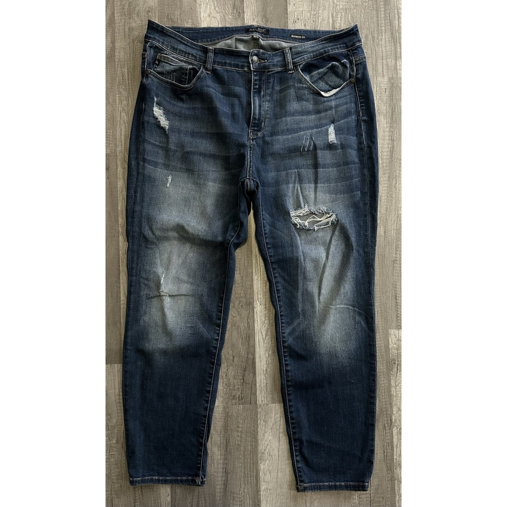 Judy Blue Boyfriend Fit Jeans Womens 10W Dark Wash Distressed Stretch Denim - Picture 2 of 13
